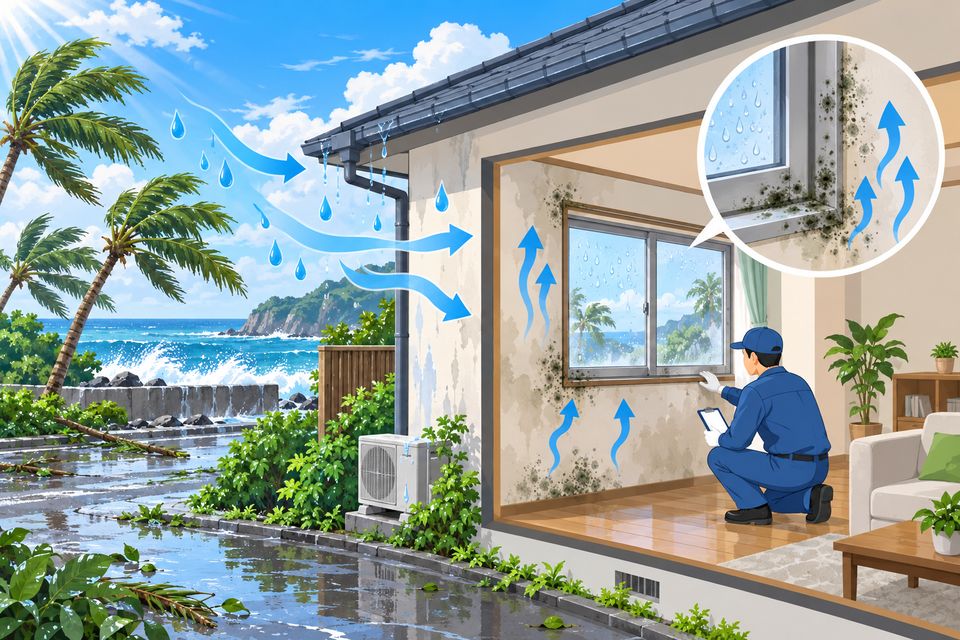 台風のあとの家で、雨水の跡とカビを点検する作業員