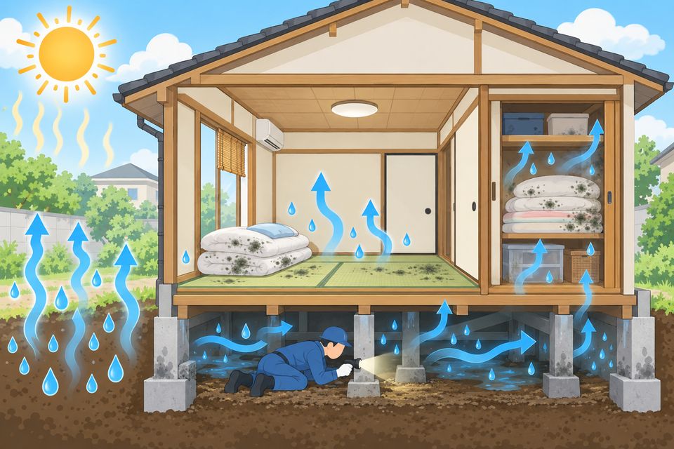 夏の一戸建てで、床下と押し入れの湿気が布団と畳のカビになる断面図