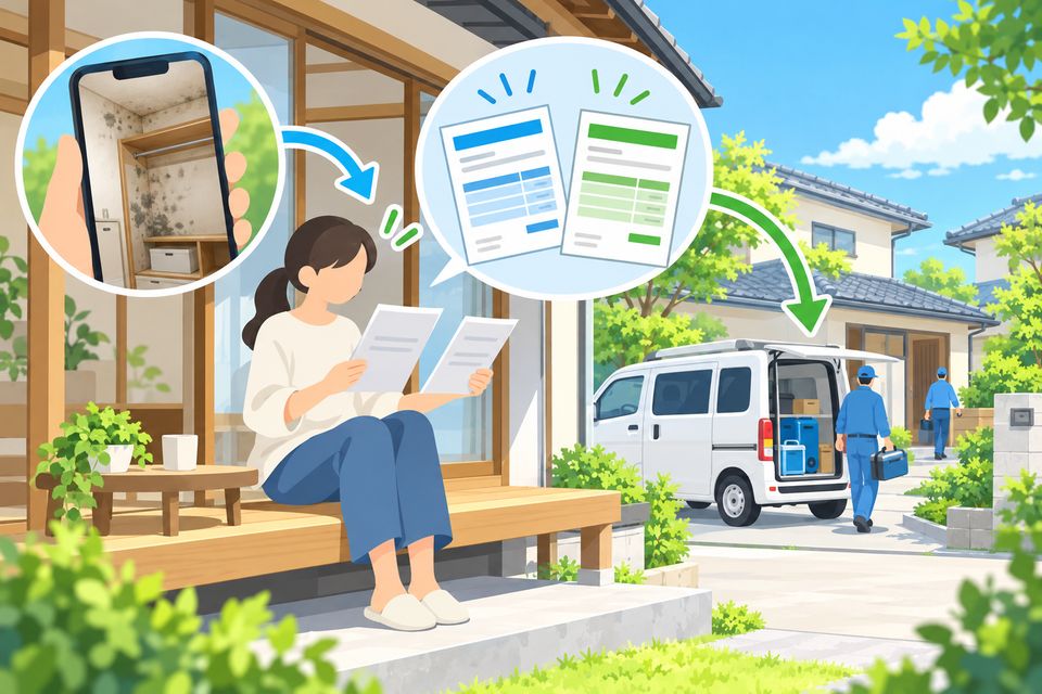 晴れた縁側で2社の見積書とカビの写真を見比べる住まい手