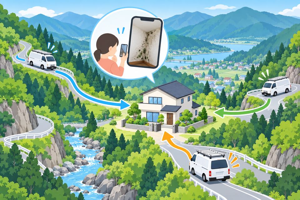 山あいの家へ別々の方向から業者が出張してくる様子のイラスト