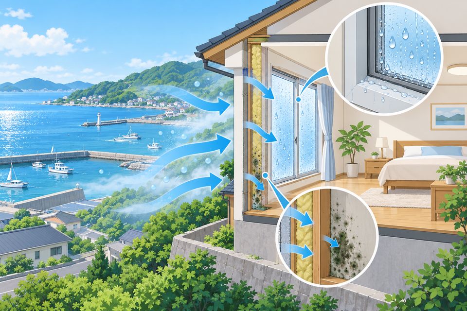 港を望む家に湿った海風が当たり、窓まわりと外壁側にカビが出る図