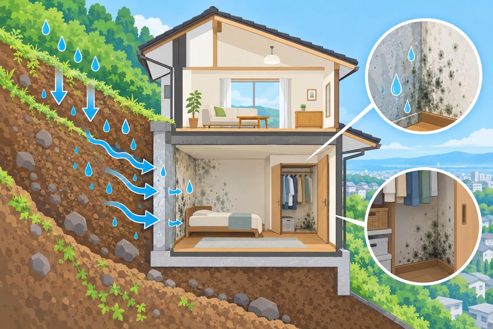 斜面に建つ家の1階で、土に接する壁と押し入れにカビが出る断面図