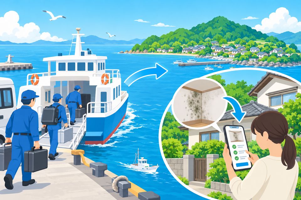 機材を持った業者がフェリーで離島へ向かい、島の住まい手が見積もりを確かめる場面