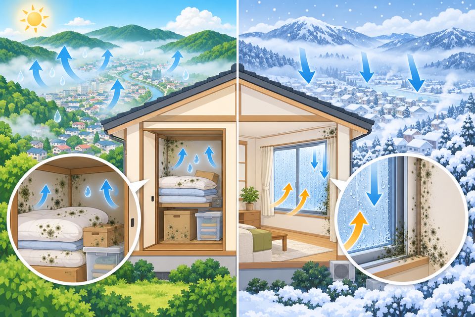 盆地の家で夏の湿気と冬の結露によりカビが出る場所を示す図