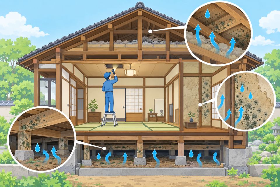 点検口から天井裏と床下の見えにくいカビを確かめる住宅の断面図