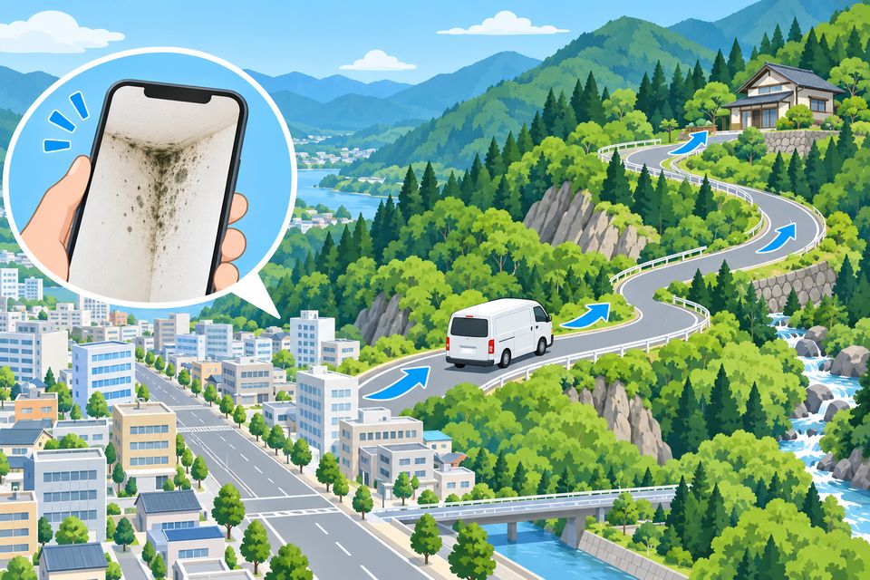都市部から山あいの家へ向かう業者の車と出張相談のイラスト