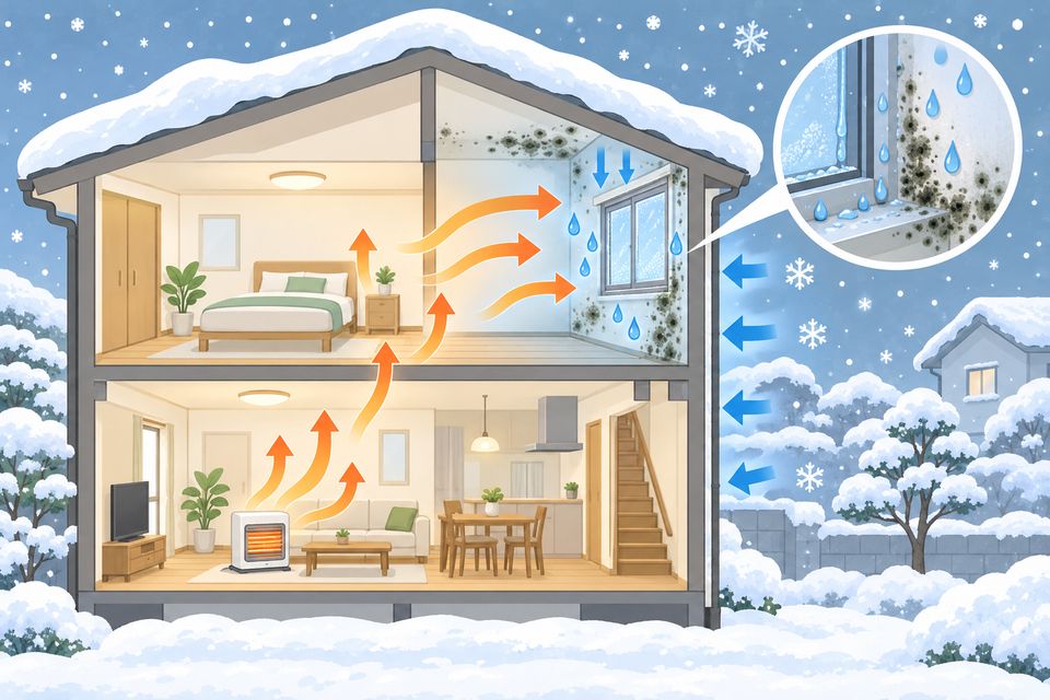 雪に囲まれた家の窓枠と北側の壁に結露とカビが出ている断面図