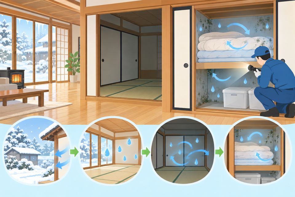 使っていない和室と押し入れの湿気を業者が点検しているイラスト