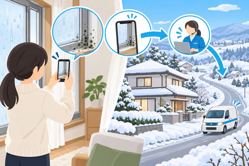 カビの写真をスマホで送り遠方の業者に出張の相談をする様子