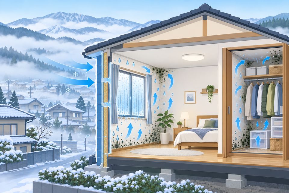冬の朝の盆地の家で、北側の部屋と押し入れに結露とカビが出る断面図