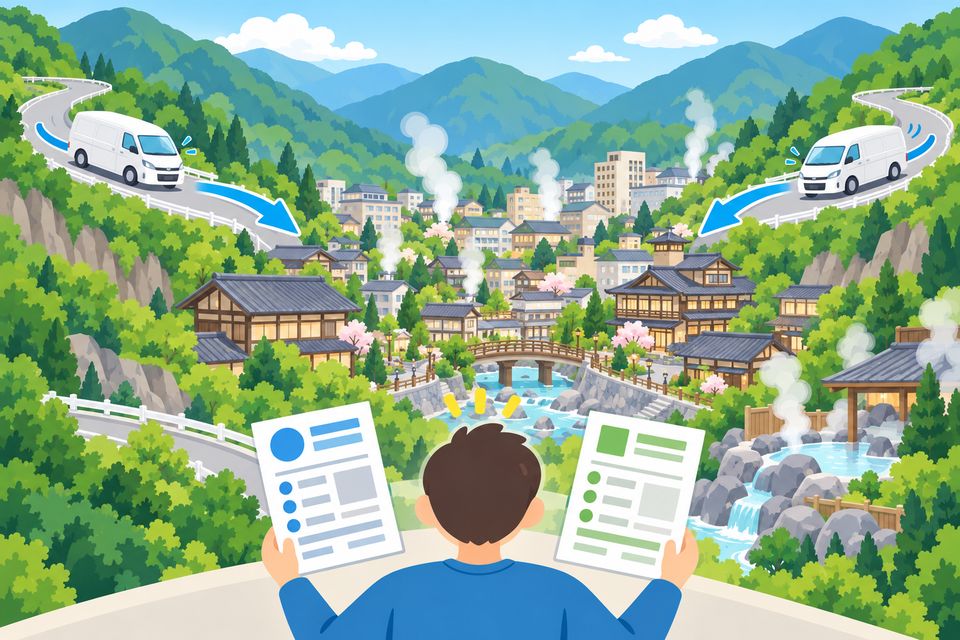 温泉町へ二方向から向かう業者の車と、2社の見積もりを比べる住まい手