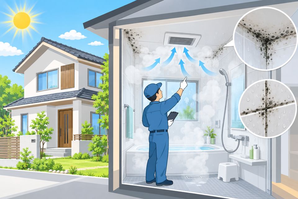 晴れた日の家の中で、湯気のこもる浴室の換気扇とカビを点検する作業員