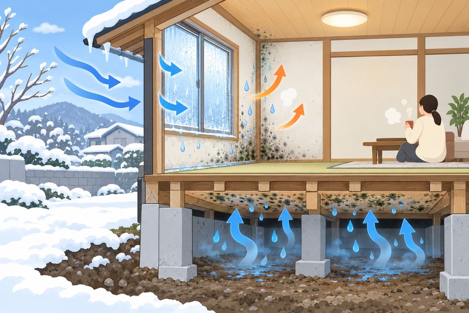 冬の寒い内陸の家で、北側の部屋の壁と床下にカビが出る断面図