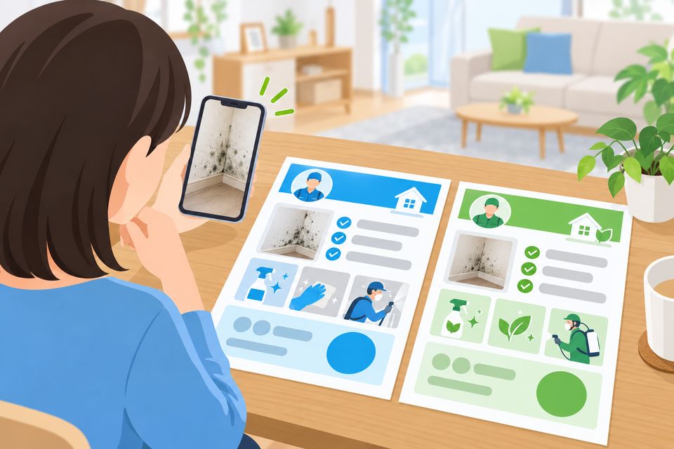 カビの写真を見ながら2社の見積書を見比べる住まい手