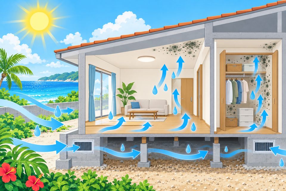 強い日差しと海風を受けるコンクリートの家で、天井と壁にカビが出る断面図