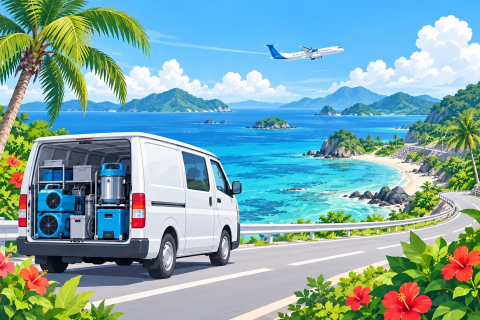 海沿いの道を走る業者の車と、遠くの離島へ向かう小型機のイラスト