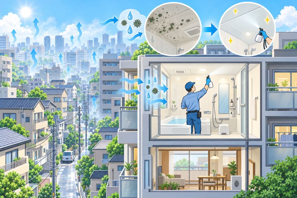 浴室の天井へ防カビ剤を施工する業者のイラスト