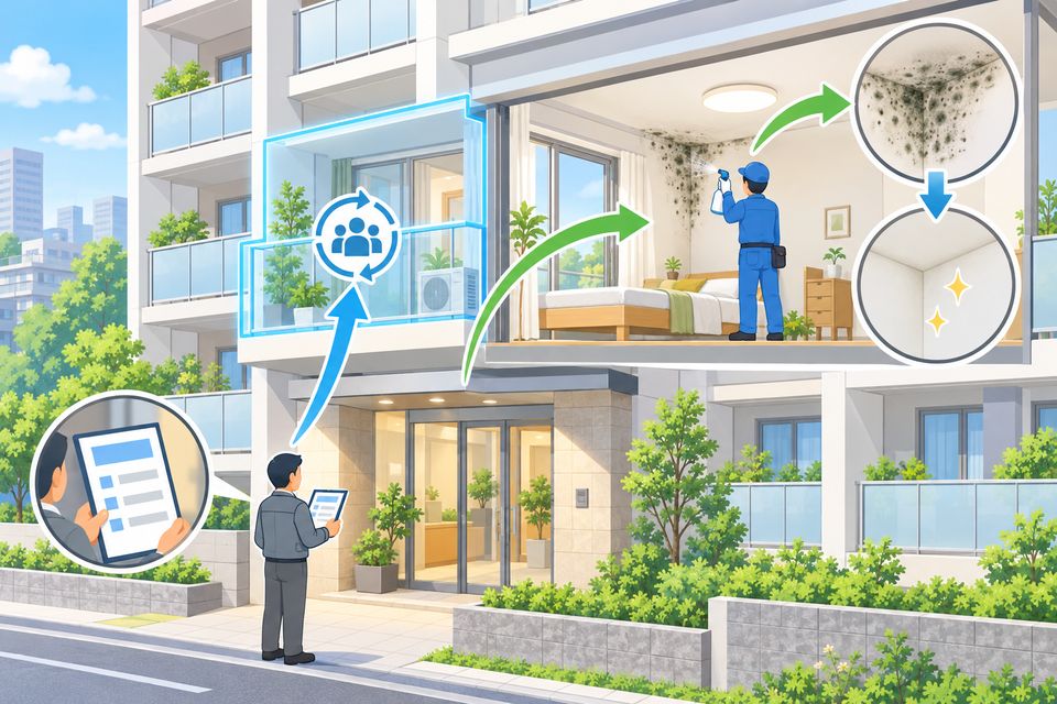マンションの一室のカビ取りと管理組合への届け出を示す図