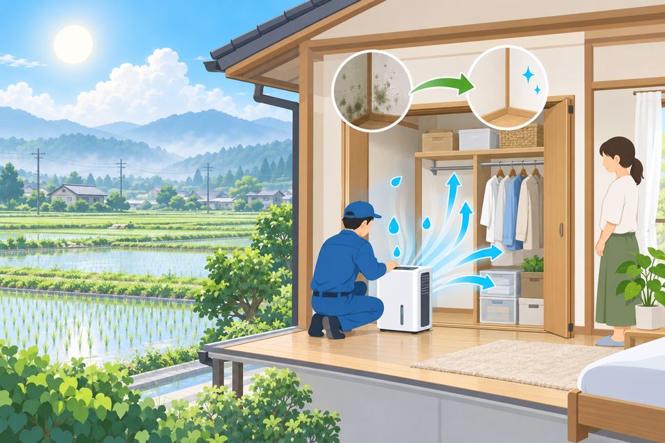 蒸し暑い夏の家で、カビを取った押し入れの横に除湿機を置く作業員