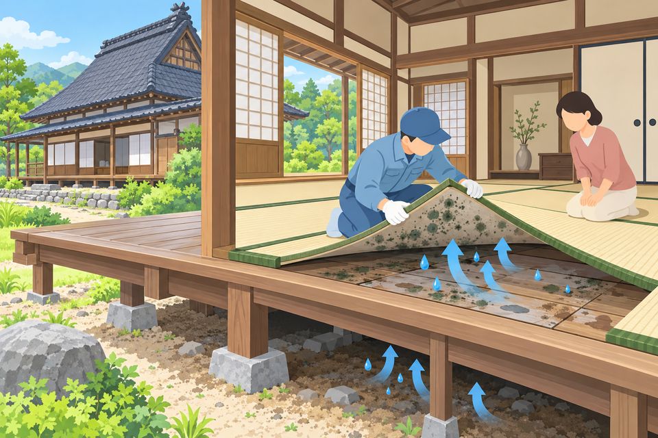 古い農家住宅で畳を上げ、裏側と床板のカビを確かめる作業員