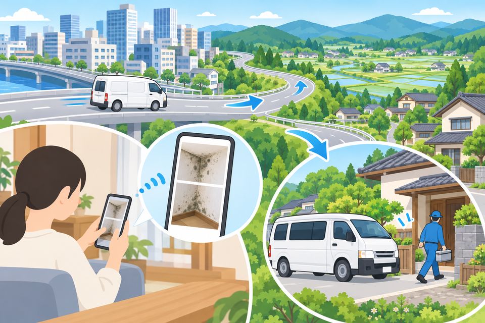 隣の街から業者の車が来る道と、スマホでカビの写真を送る住まい手