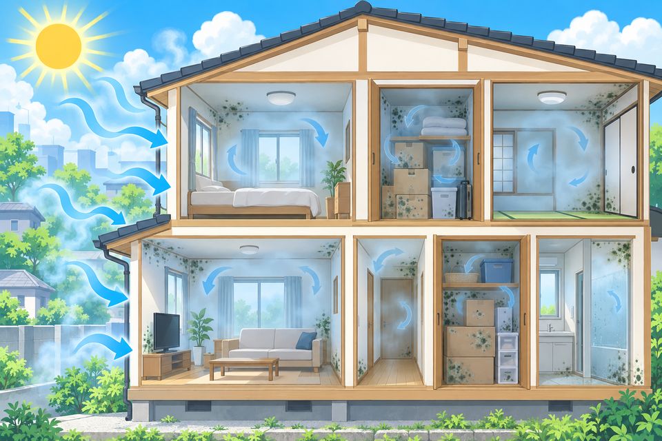 夏に閉め切った部屋と収納に湿気がたまりカビが出る図解