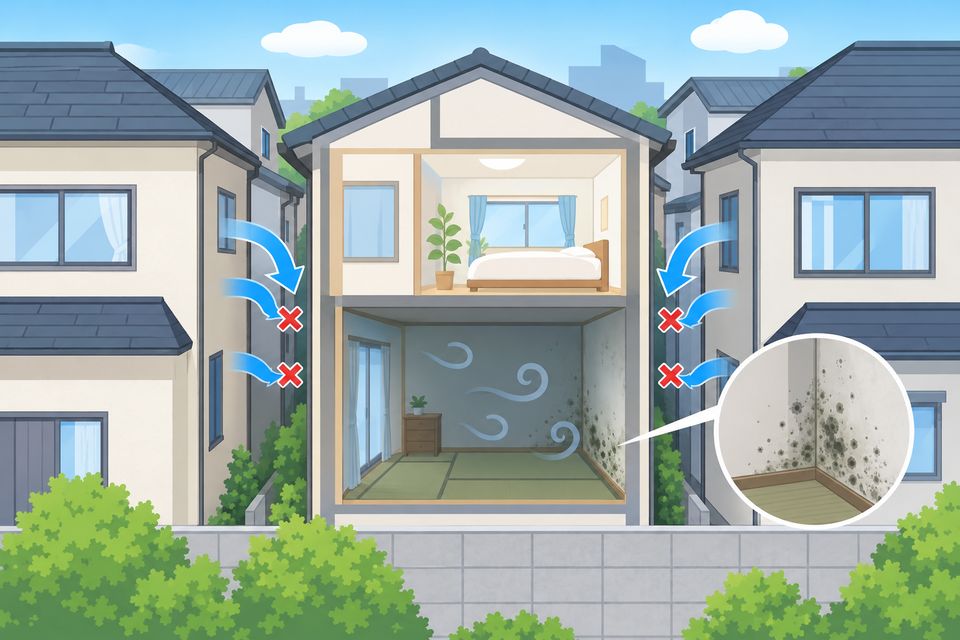 家が密集し風が届かない北側の1階の部屋にカビが出る図解