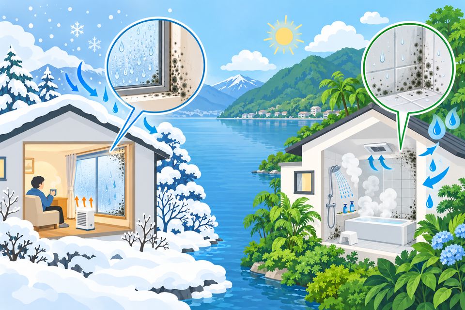 雪の多い湖北の家と蒸し暑い湖南の家のカビの原因を比べた図