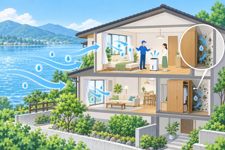 湖岸の家の家具の裏のカビと換気の改善を業者が説明する様子