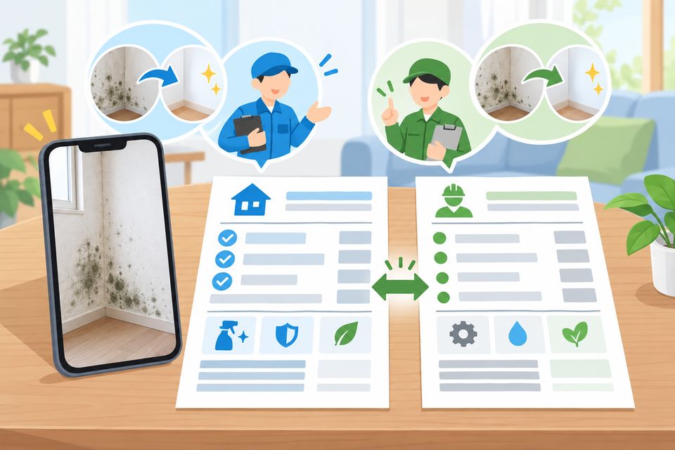 カビの写真と2社の見積書を並べて業者を比べる様子のイラスト