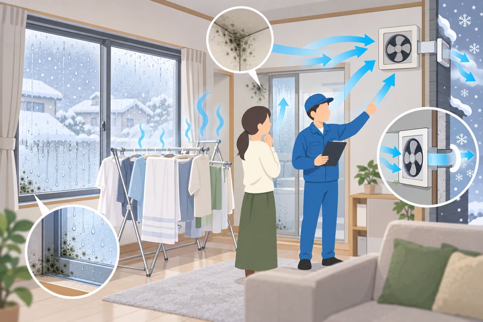 部屋干しで曇った窓の前で、作業員が換気扇の使い方を説明する場面