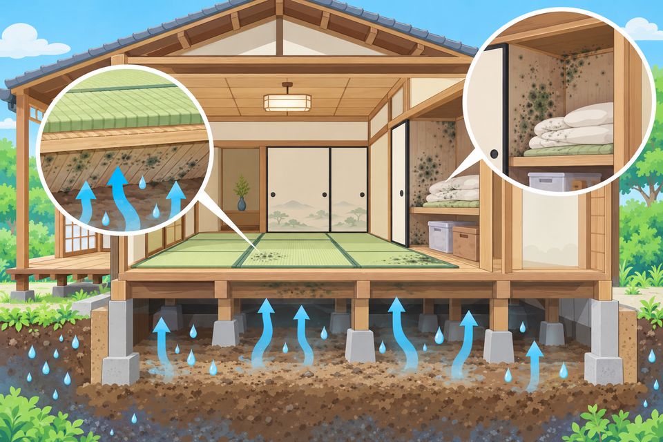 床下の湿気が畳と押し入れに上がり、カビが出る古い木造住宅の断面
