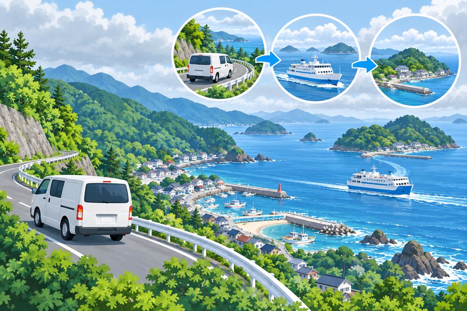 山道を越える業者の車と、離島へ向かうフェリーが描かれた出張のイラスト
