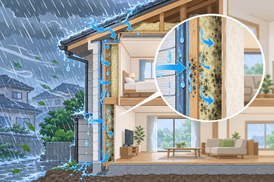 台風の雨水が壁の中にしみ込みカビが育つ様子を示す断面図