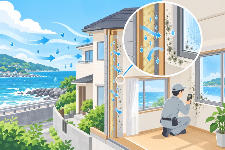 海風を受ける家の外壁側の壁と窓まわりのカビを点検する図