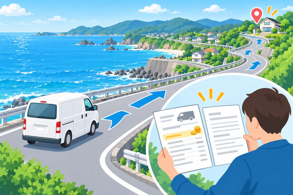 拠点から遠い家への出張費を見積書で比べている様子のイラスト
