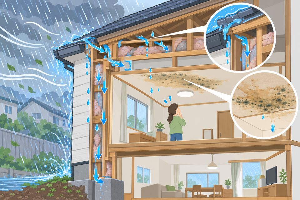 屋根と外壁から雨水が入り、天井にカビが広がる住宅の断面図