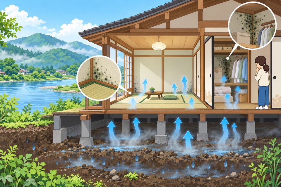 川と山に近い木造住宅で、床下の湿気が畳と押し入れのカビになる図