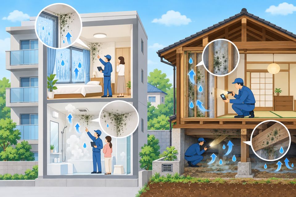 部屋の表面のカビと、壁の中や床下に入り込んだカビの図解
