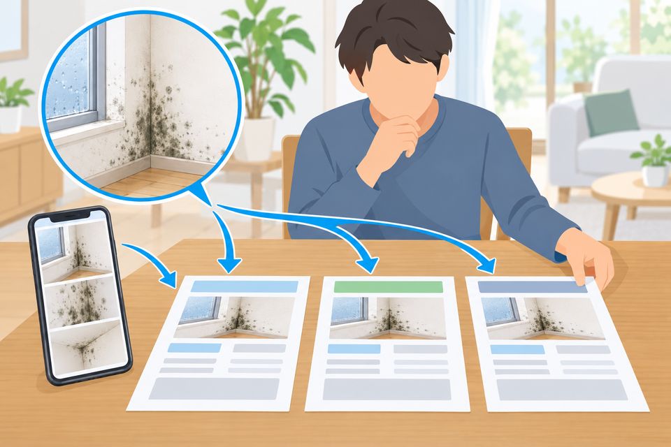 同じ範囲で取った3社の見積もりを並べて比べる図解