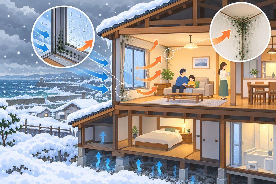 雪の日の住宅で窓枠と北側の壁に結露とカビが広がる断面図