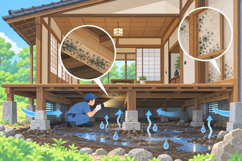 古い木造住宅の床下に入り、土台と壁の内側のカビを調べる作業員