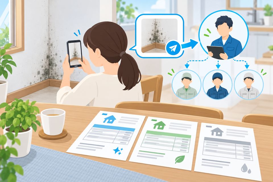 スマホでカビの写真を送り、複数社の見積書を並べて比べる様子