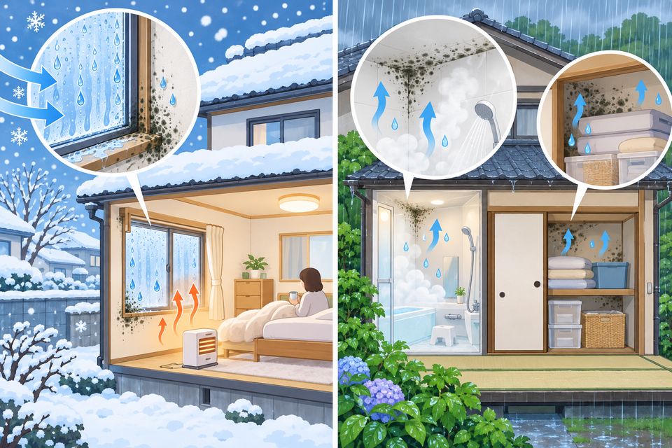 冬の窓の結露と梅雨の浴室の湿気でカビが出る家の比較図