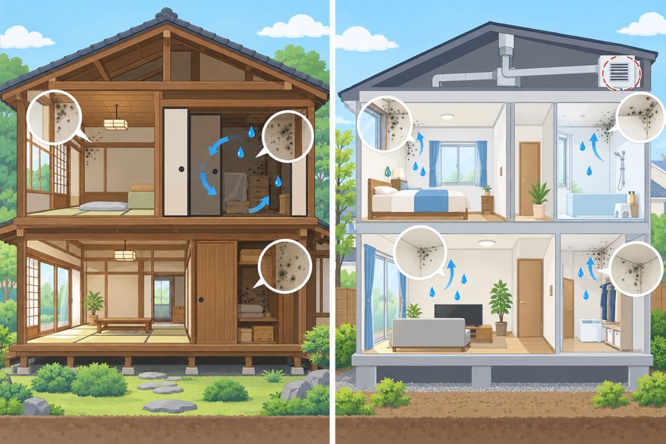 古い木造住宅と高気密住宅でカビの出る場所が違うことを示す図