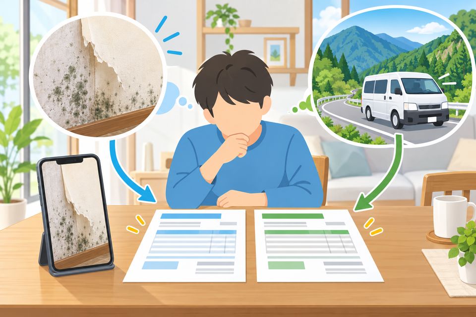 2社の見積書とカビの写真を並べて出張条件を比べる様子