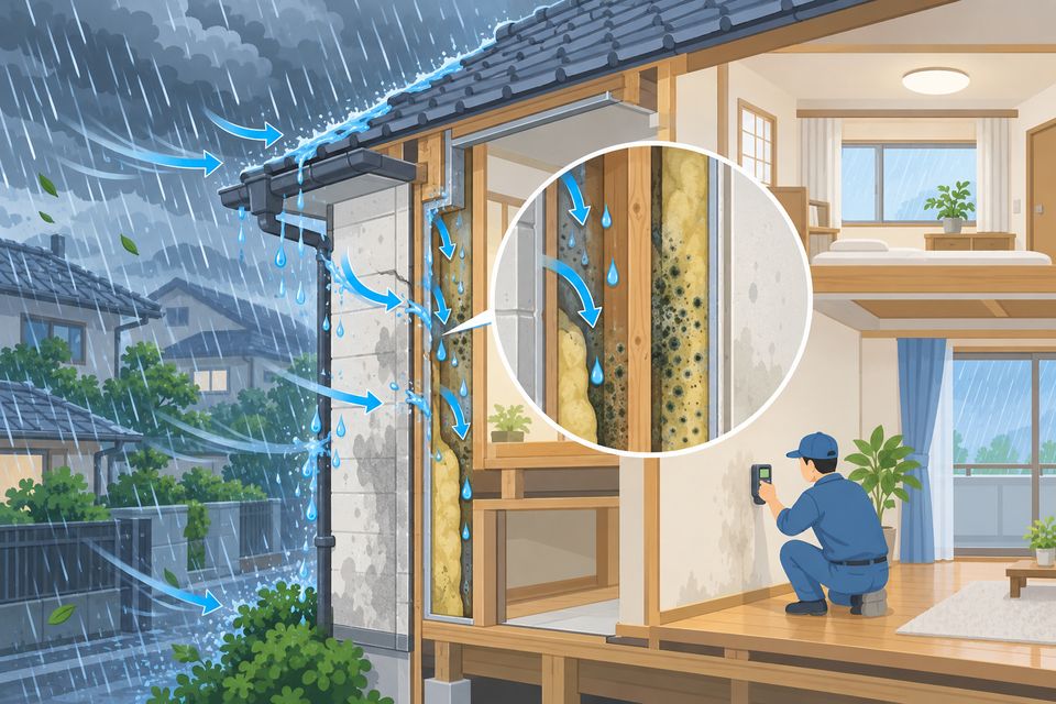 強い雨で壁の中に水がしみ込みカビが育つ様子を調べる断面図