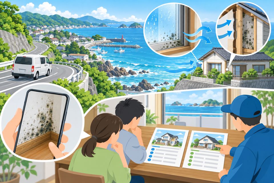 海沿いの道を出張する業者の車と見積書を比べる様子のイラスト