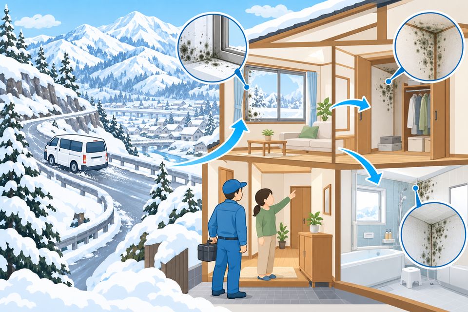 峠を越えて出張する業者と家の中の複数のカビ箇所の図解