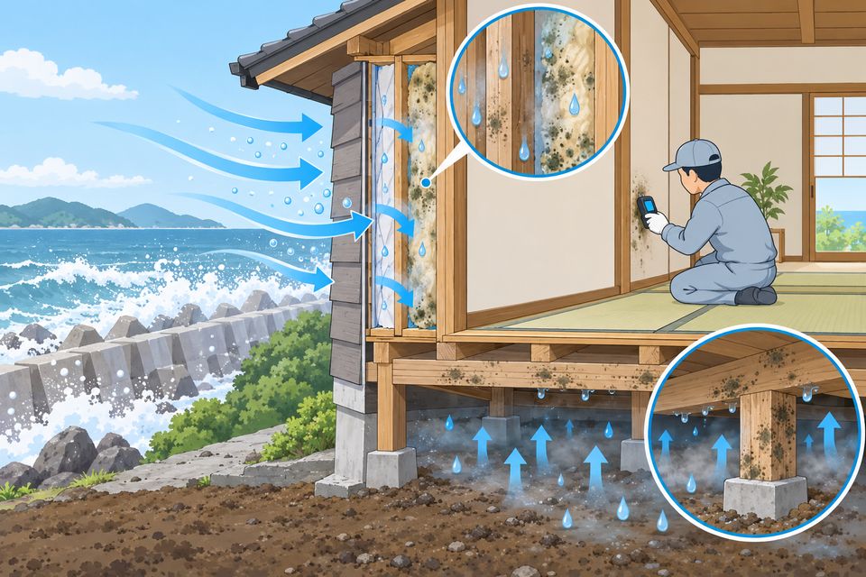 海沿いの古い家で、外壁側の壁内と床下の湿気を測る作業員